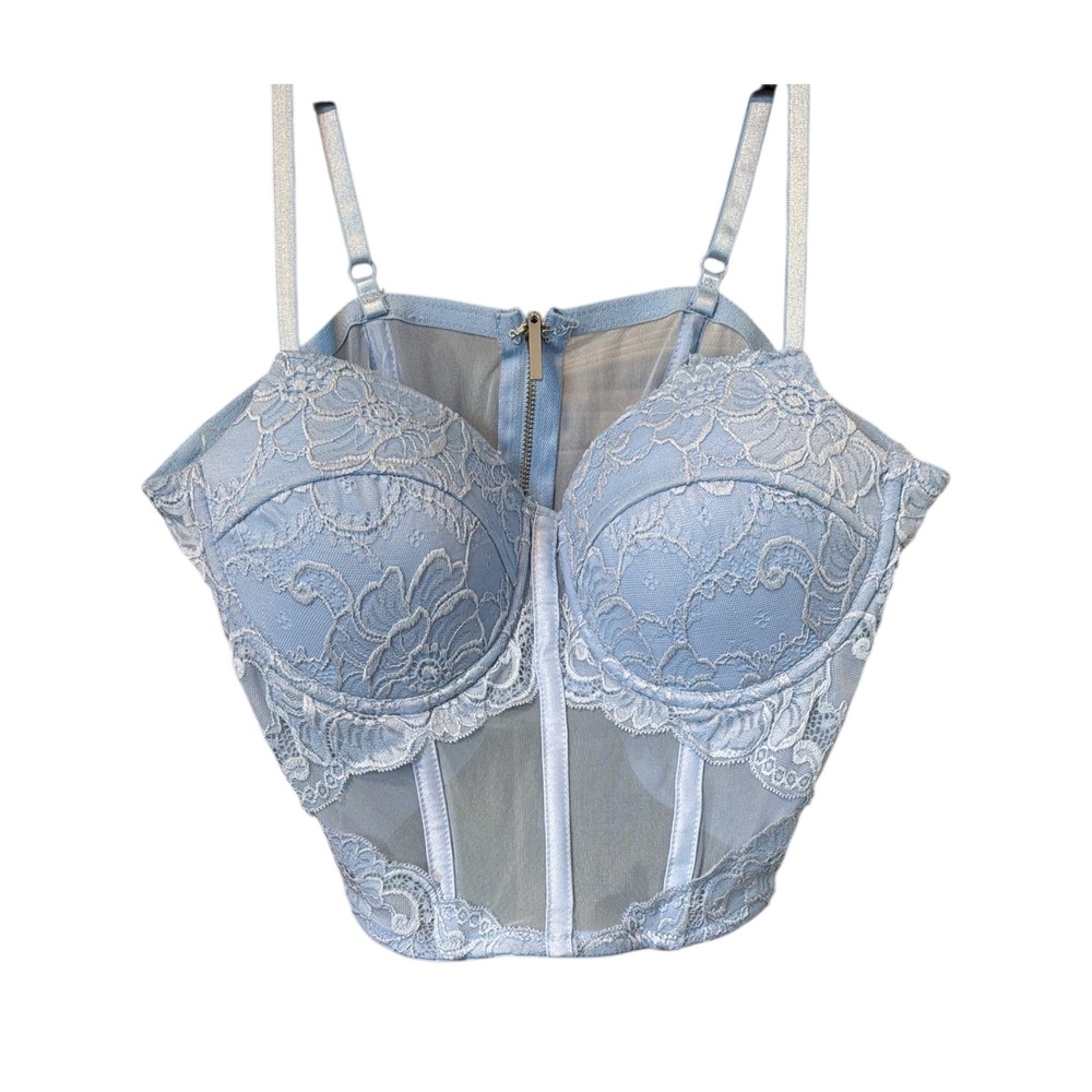 Say What Womens Light Blue Floral Lace Mesh Corset Bustier Top Front Zip Large